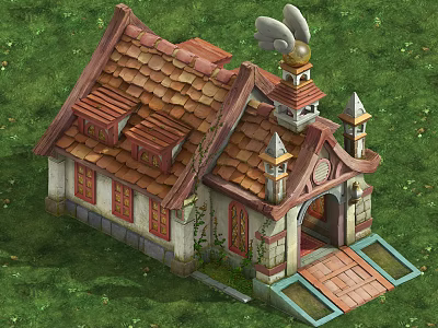 Cartoon Fantasy House with Red Tile Roof Winged Tower Top Green Grass and Climbing Vines 3d model