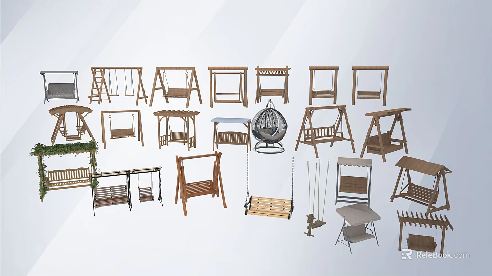 Various Wooden Hammock Chairs With Different Designs And Stand Structures 3d model