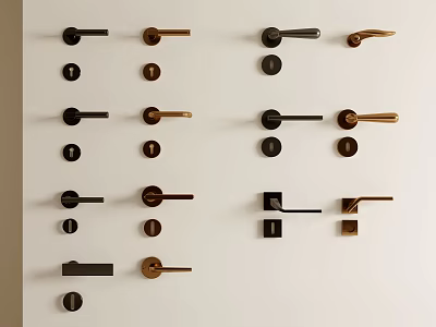 Different Types of Door Handles with Metal Finishes and Modern Designs Arranged on White Wall 3d model