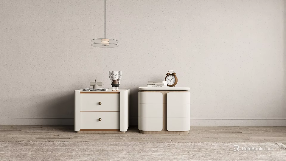 Modern White Bedside Tables With Books Alarm Clock Ornament And Hanging Lamp Above 3d model 