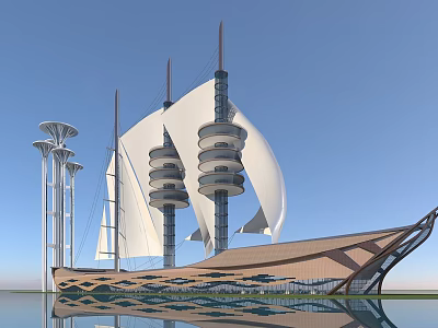 Modern Ship Like Architectural Design With White Sail Structures And Tall Towers Near Water 3d model