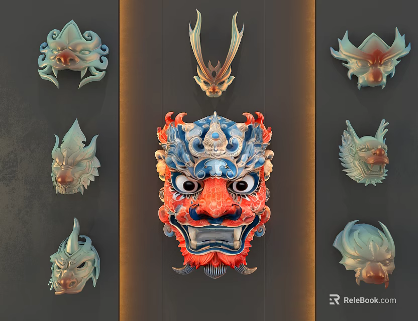 Traditional Dragon Mask Wall Decor With Colorful Designs And Various Styles 3d model 