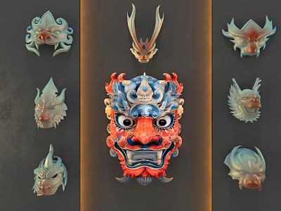 Traditional Dragon Mask Wall Decor With Colorful Designs And Various Styles 3d model