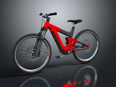 Red And Black Mountain Bike With Large Alloy Wheels And Front Suspension Fork 3d model