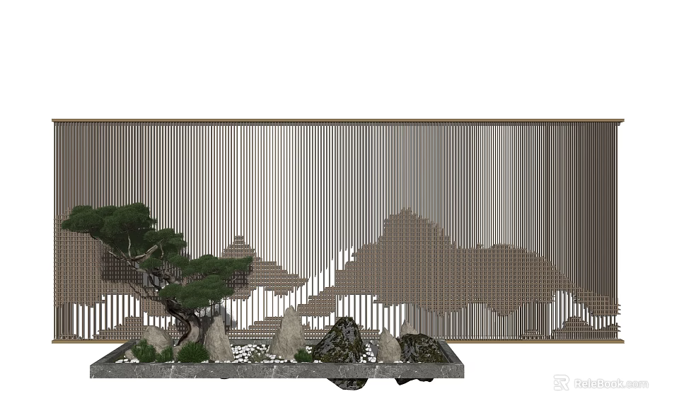 Background Wall With Vertical Stripes Mountain Pattern And Bonsai Pine Tree Stones In Front 3d model