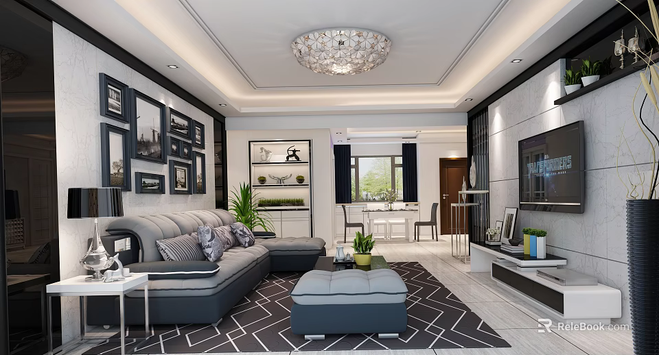 Modern Living and Dining Room Interior With Gray Sofa Crystal Chandelier and Decorative Paintings 3d model 
