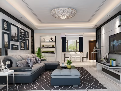 Modern Living and Dining Room Interior With Gray Sofa Crystal Chandelier and Decorative Paintings 3d model