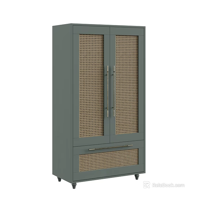 Sleek Gray Wardrobe with Rattan Panel Doors and Bottom Drawer Storage 3d model 