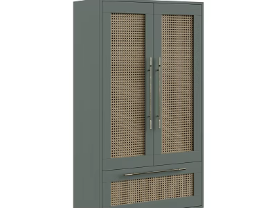 Sleek Gray Wardrobe with Rattan Panel Doors and Bottom Drawer Storage 3d model