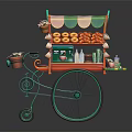 Mobile Food Tricycle Cart With Green Red Awning Donuts Display And Small Tray