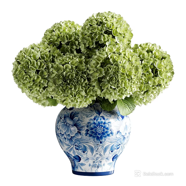 Blue and White Floral Pattern Vase with Green Hydrangea Flowers Arrangement 3d model