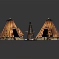Two Cone Shaped Wooden Huts With Lantern Small Tree And Stones 3d model