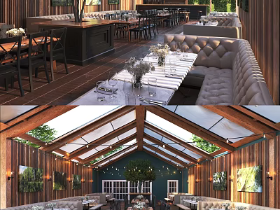 Spacious Wooden Restaurant Interior With Glass Skylights Long Dining Tables And Tufted Banquettes 3d model