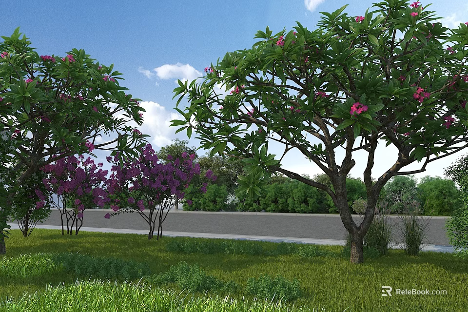 Beautiful Garden Landscape With Green Grass Flowering Trees Pink Purple Flowers Blue Sky White Clouds 3d model 