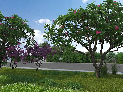 Beautiful Garden Landscape With Green Grass Flowering Trees Pink Purple Flowers Blue Sky White Clouds 3d model