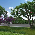 Beautiful Garden Landscape With Green Grass Flowering Trees Pink Purple Flowers Blue Sky White Clouds