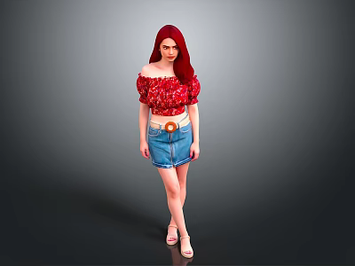Woman with Long Red Hair in Off Shoulder Floral Top and Denim Skirt 3d model