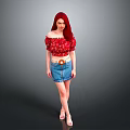 Woman with Long Red Hair in Off Shoulder Floral Top and Denim Skirt