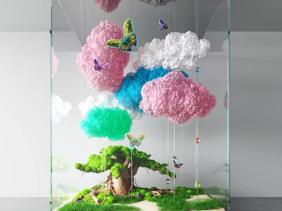 Colorful Art Installation With Hanging Clouds Butterflies Small Tree And Grass In Transparent Glass Container 3d model