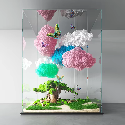 Colorful Art Installation With Hanging Clouds Butterflies Small Tree And Grass In Transparent Glass Container 3d model