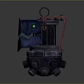 Futuristic Mechanical Weapon with Neon Blue Pink Lights Black Body Red Handle and Base Structure