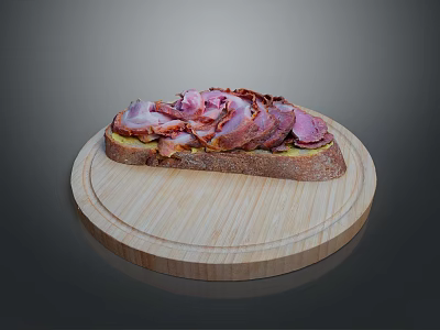 Fresh Animal Meat Slices on Bread Over Round Wooden Chopping Board 3d model