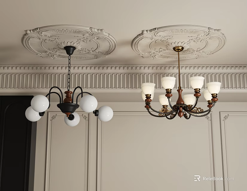 Vintage Chandeliers With Brass Frames White Globe Shades And Ceiling Medallions In Elegant Wainscoted Room 3d model 