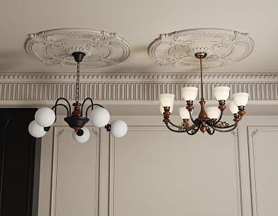 Vintage Chandeliers With Brass Frames White Globe Shades And Ceiling Medallions In Elegant Wainscoted Room 3d model