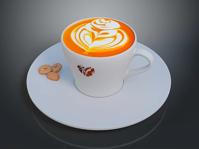 Stylish White Coffee Cup With Heart Latte Art And Coffee Beans On Saucer 3d model