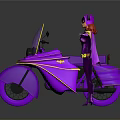 Masked Figure In Purple And Yellow Costume Standing By Vibrant Purple Motorcycle With Cape