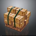 Stacked Wooden Crates On Wooden Pallet Secured With Green Straps