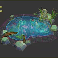 Cartoon Style Pond Scene With Water Lilies Fish Decorative Stones And Green Plants