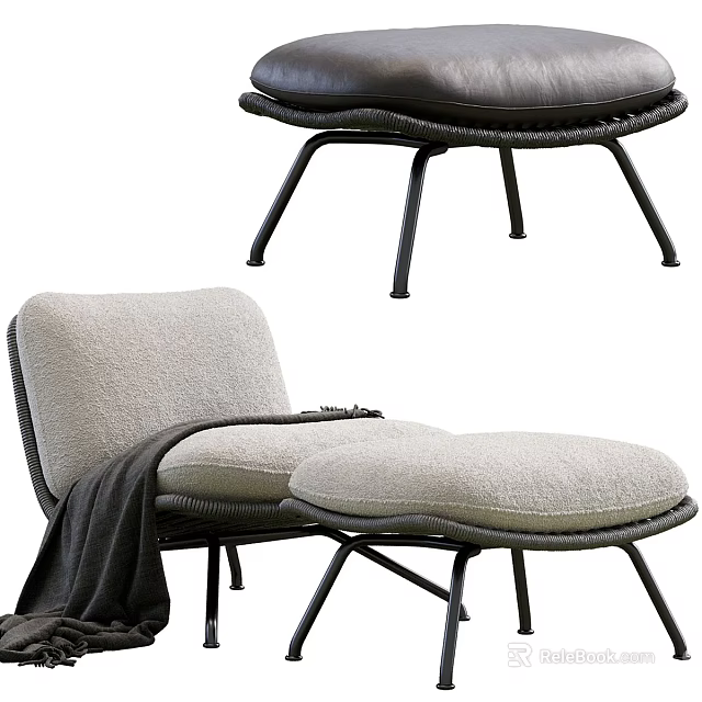 Modern Woven Metal Frame Boucle Upholstered Leisure Chair With Soft Cushion And Matching Footstool 3d model 