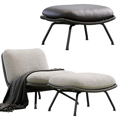 Modern Woven Metal Frame Boucle Upholstered Leisure Chair With Soft Cushion And Matching Footstool 3d model