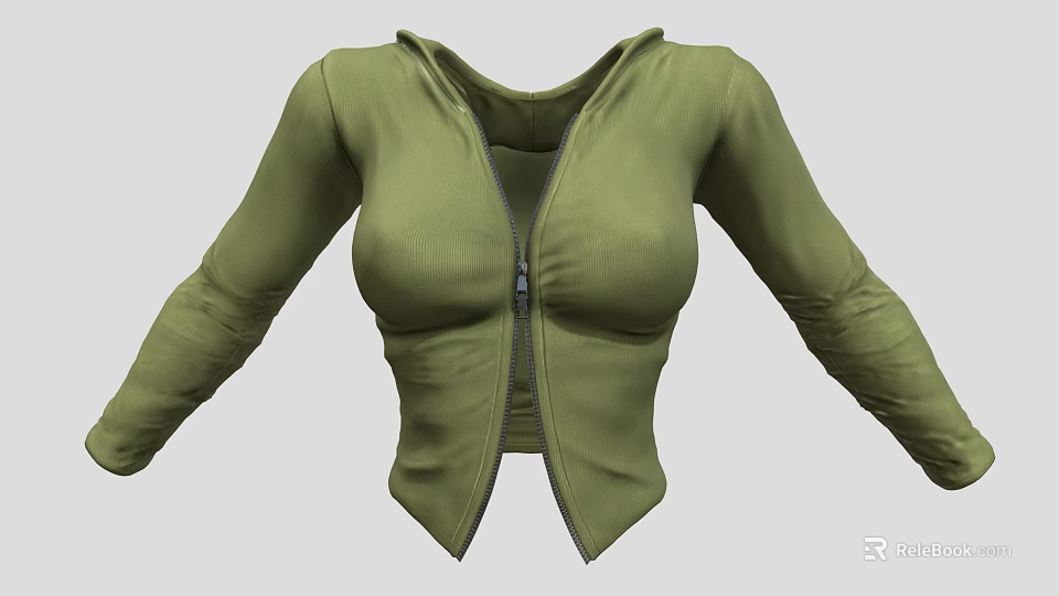 Women's Green Fitted Jacket With Front Zipper And Long Sleeves Casual Style 3d model 