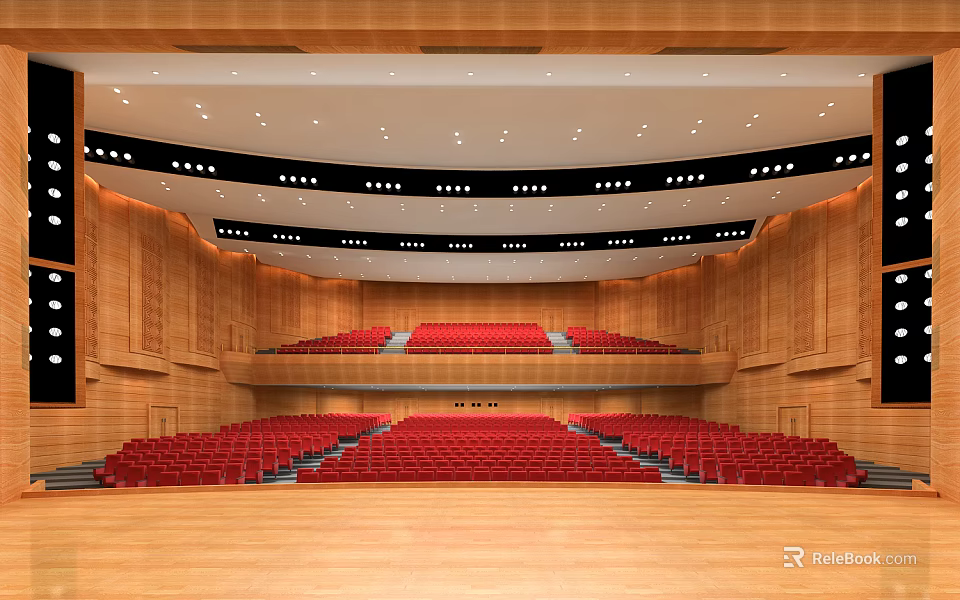 Spacious Theater Interior With Red Seats Wooden Walls Tiered Seating And Lighting Fixtures 3d model 