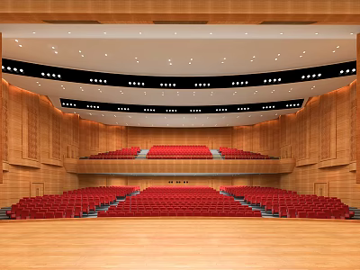 Spacious Theater Interior With Red Seats Wooden Walls Tiered Seating And Lighting Fixtures 3d model