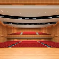 Spacious Theater Interior With Red Seats Wooden Walls Tiered Seating And Lighting Fixtures