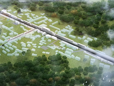 Aerial Planning of Community Area with Green Spaces Building Layout and Road Network 3d model