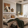 Elegant Bedroom Interior With Bed Green Blanket Pillows Decorative Painting Mirror And Chandelier