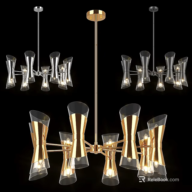 Modern Glass Chandelier With Golden Metal Frame And Illuminated Shades 3d model 