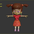 Animated 3D Game Movie Character With Brown Pigtails Red Polka Dot Dress Open Arms Pose