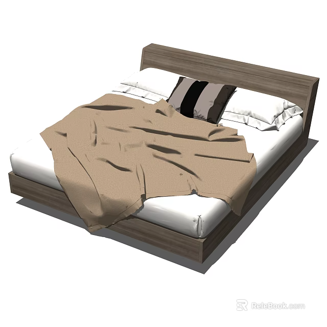 Modern Wooden Double Bed With White Sheets Brown Blanket And Striped Pillow 3d model 