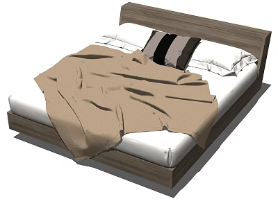 Modern Wooden Double Bed With White Sheets Brown Blanket And Striped Pillow 3d model
