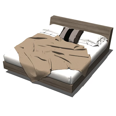 Modern Wooden Double Bed With White Sheets Brown Blanket And Striped Pillow 3d model