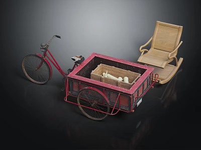 Vintage Red Cargo Tricycle With Wooden Rocking Chair And Boxed Items 3d model