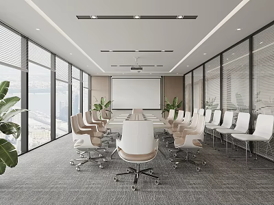 Modern Spacious Conference Room With Large Windows Meeting Table And Green Plants 3d model