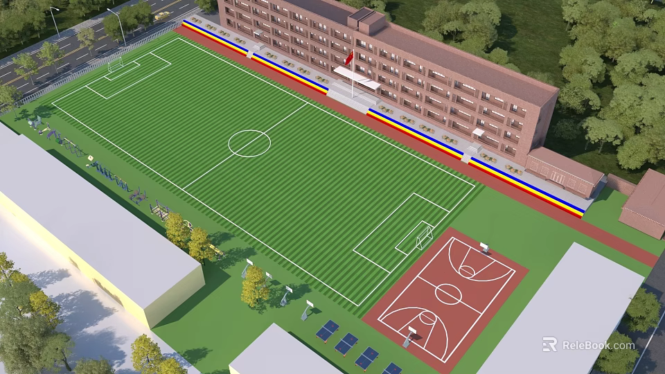 School Sports Complex with Football Pitch Basketball Court Track Solar Panels and Green Surroundings 3d model 