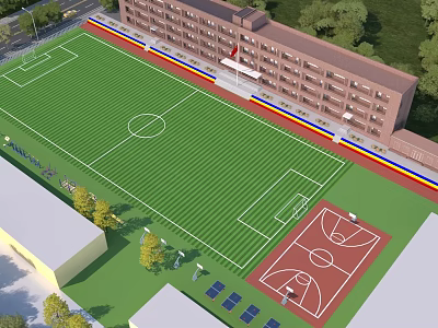 School Sports Complex with Football Pitch Basketball Court Track Solar Panels and Green Surroundings 3d model
