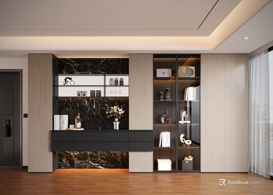 Modern Display Cabinet Interior Design Featuring Marble Backdrop Wooden Shelves And Ornaments 3d model 